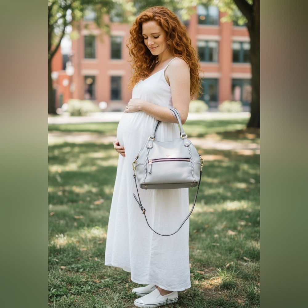 Oryany Gray Pebbled Leather Bucket Satchel Crossbody | Whipstitch Detail | EUC - Picture 11 of 12